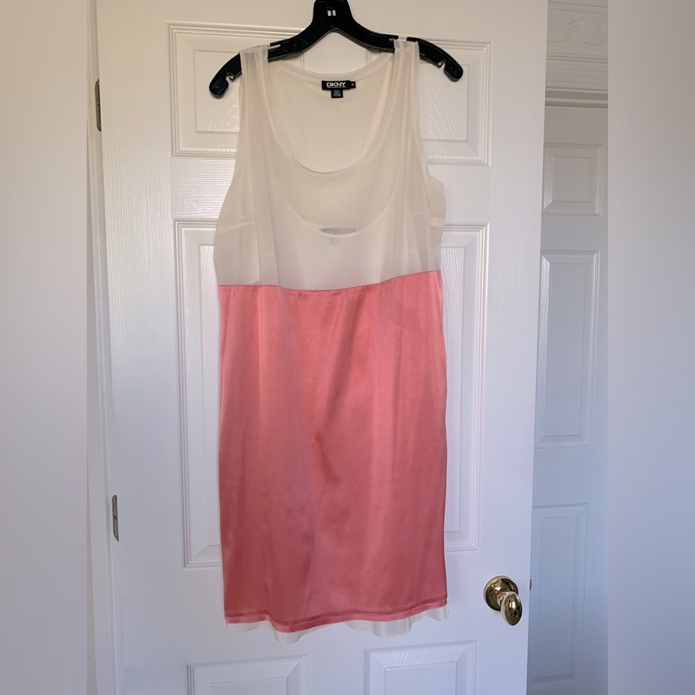 FINAL PRICE DKNY Silk Dress: Coral/White Silk Dress w/White Silk Slip 14